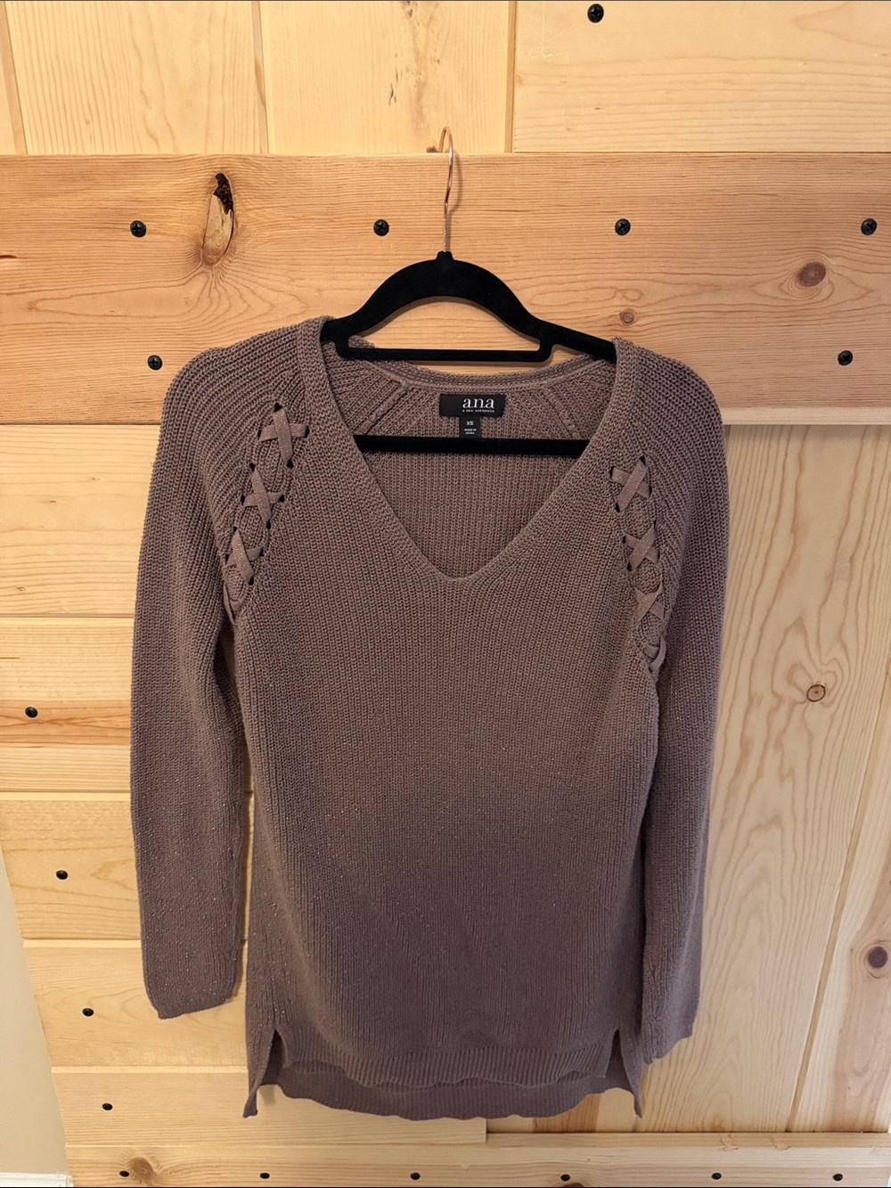 a.n.a Taupe V-Neck Knit Sweater with Braided Shoulder Detail